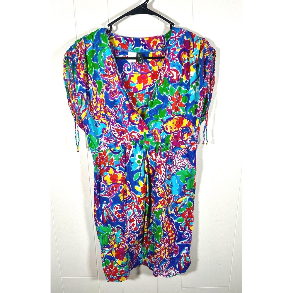 Vintage Lauren Ralph Lauren Cotton Mini Dress L 90s Y2K Abstract Floral Colorful